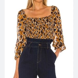 J.O.A. Leopard Print Smocked Top, Sheer Sleeves, Latte Size S